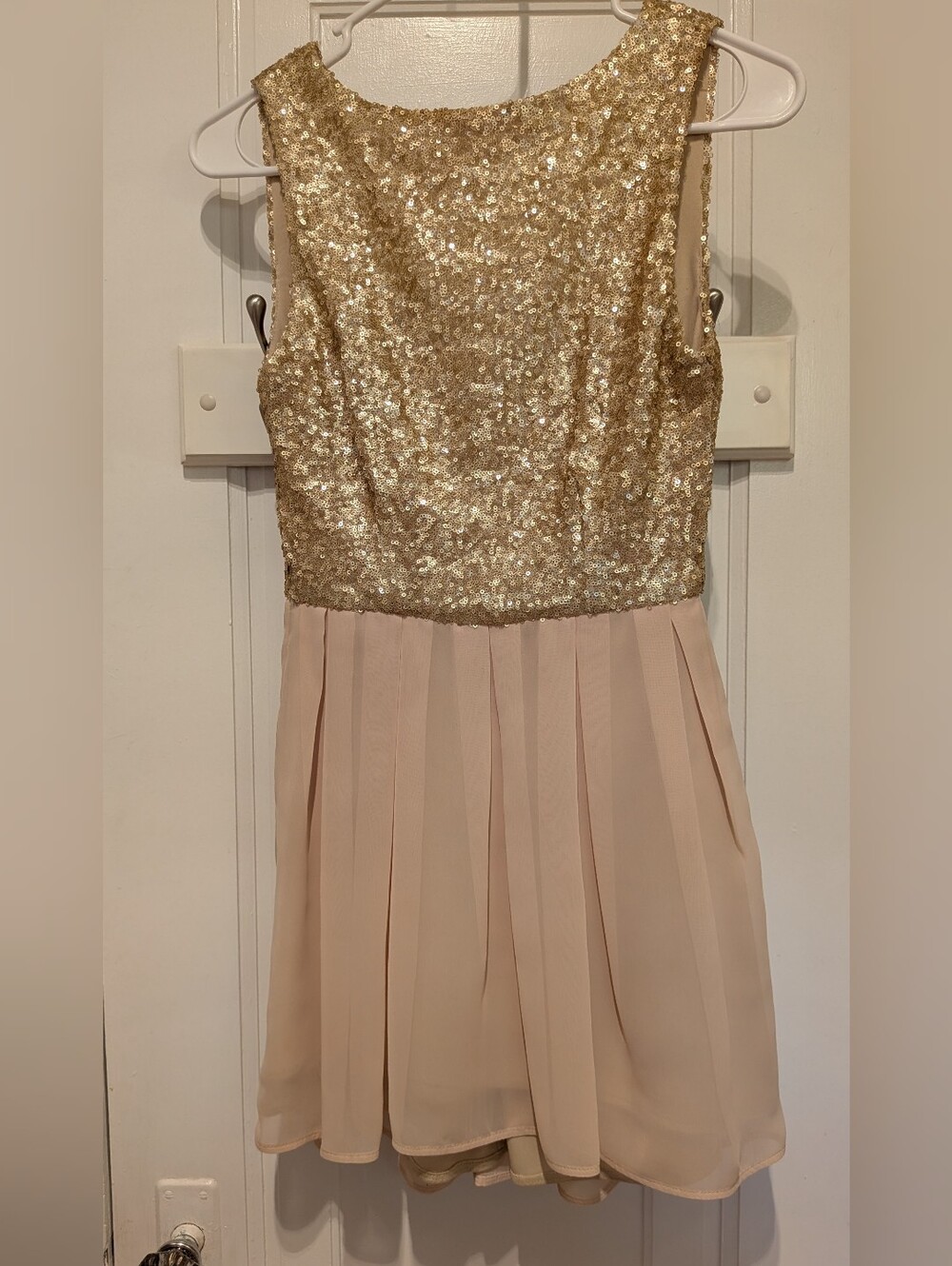Cute And Classy! Arden B Gold Sequin Bodice with Blush Pleated Mini Skirt